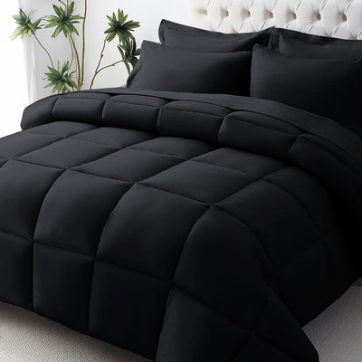 JOLLYVOGUE Full Comforter Set, Ultra-Soft Bed in a Bag Full Size 7 Pieces, Oeko-TEX Certified Bedding Set with Down Alternative Comforter, Sheets, Pillowcases & Shams, Black