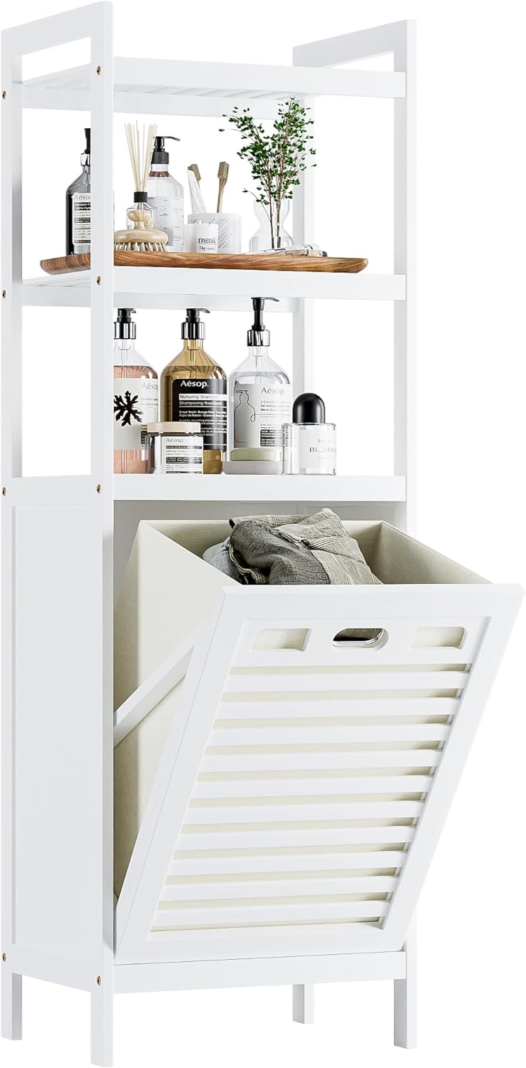 HITNET Tilt Out Laundry Hamper, Bamboo Bathroom Cabinet with Pull Out Removable Bag and 3 Tier Storage Shelves, 8.5 Gallon Clothes Basket with Metal Handle, Black