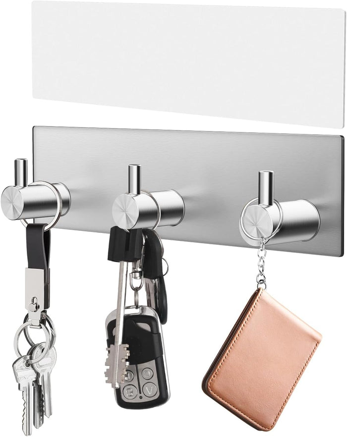 VIS'V Key Holder Wall Mount, Small Metal Self Adhesive Key Hanger with 3 Hooks, No Drilling, Extra Adhesive Strip, Black