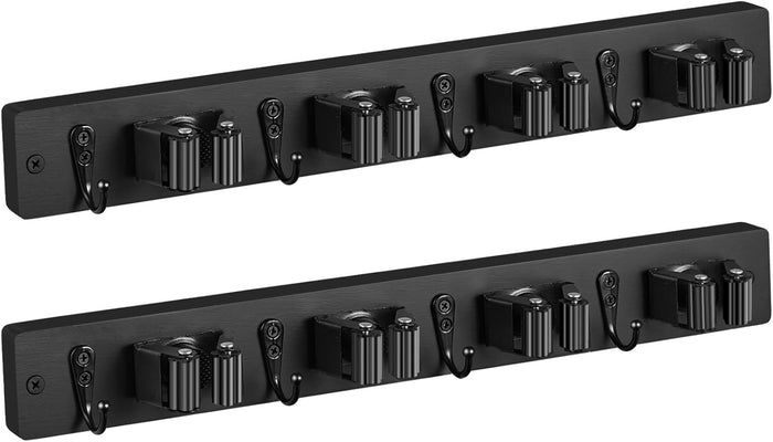 Mop and Broom Holder Wall Mount - Wood Broom Mop Hanger - Wall Mounted Garden Tool Rack Organizer for Closet Garage Laundry Room for Rustic Kitchen Decor With 5 Slots & 4 Hooks