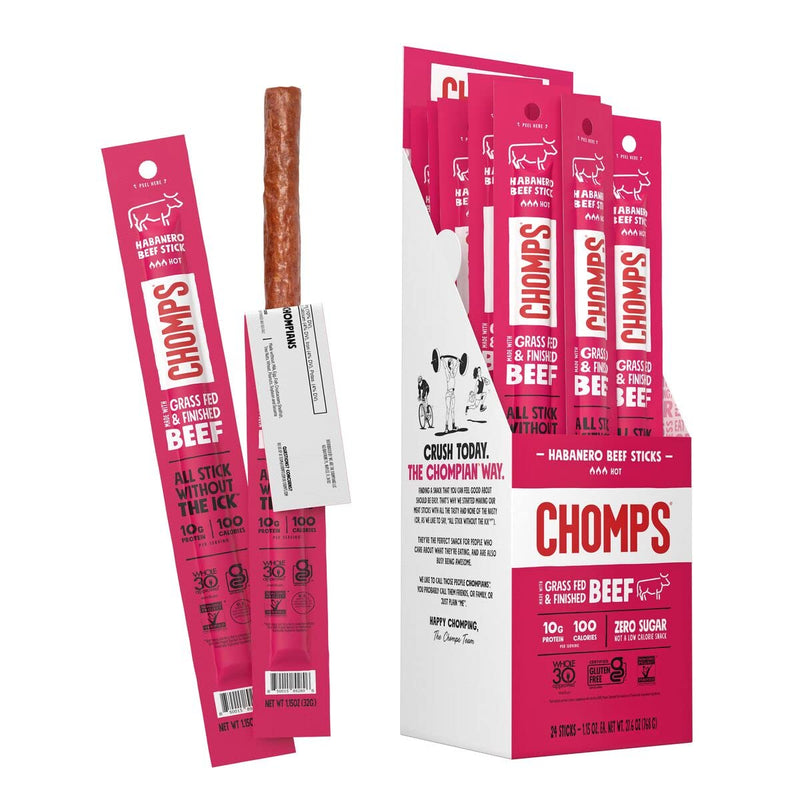 Chomps Grass-Fed and Finished Original Beef Jerky Snack Sticks 24-Pack, Keto, Paleo, Whole30, 10g Protein, Gluten-Free