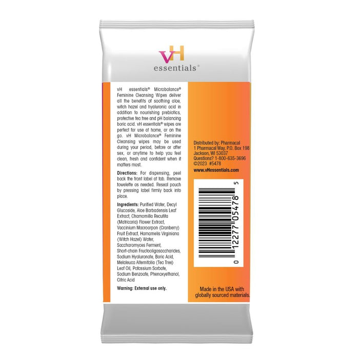 vH essentials Feminine Cleansing Wipes 32 ct. pH Balanced, Prebiotics, Tea Tree & Aloe, Soothing Witch Hazel, Odor-Blocking Formula, Vaginal and Perianal Care, Paraben, Alcohol, and Fragrance-Free