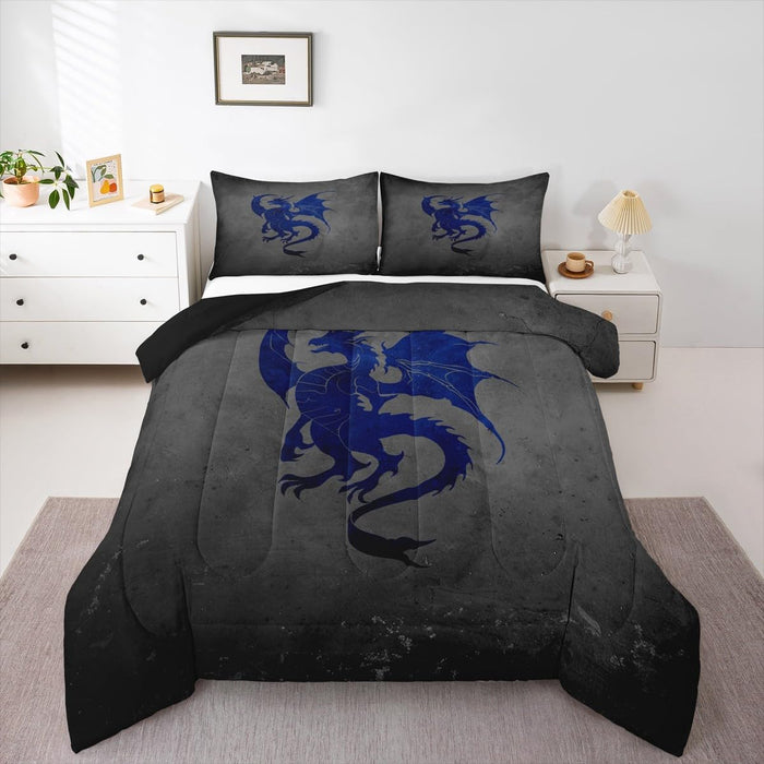 Feelyou Kids Boho Dragon Comforter Set Queen Size, Black Dragon Bedding Set Sun and Moon Duvet Insert Boys Girls Wildlife Teens Bedroom Decor Bed Set 3Pcs