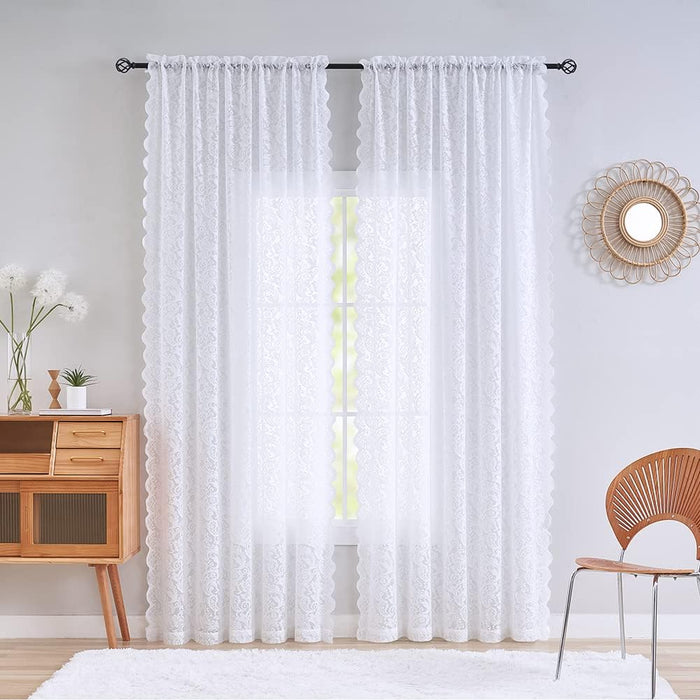 ALIGOGO Burgundy Curtains 84 Inches Long 2 Panels, Cottage Lace Sheer Maroon Curtains for Living Room, Farmhouse Rod Pocket Privacy Floral Scalloped Edges Burgundy Drapes, 52W x 84L Inch