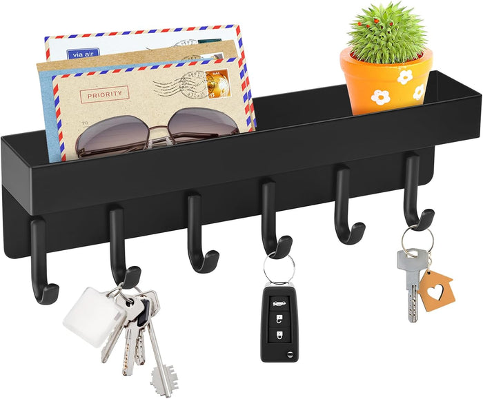 VIS'V Key Holder Wall Mount, Compact Adhesive Key Rack with Tray, 6 Hooks, 2 Mount Options, White