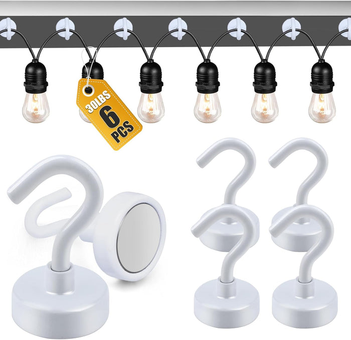 DIYMAG Hooks for Hanging String Lights, 30lbs 2025 Cruise Cabin Ship Essentials N52 Magnetic Hook Heavy Duty Strong Magnets Fridge for Classroom Beach Vacation Kitchen Grills 6 Pack Silver