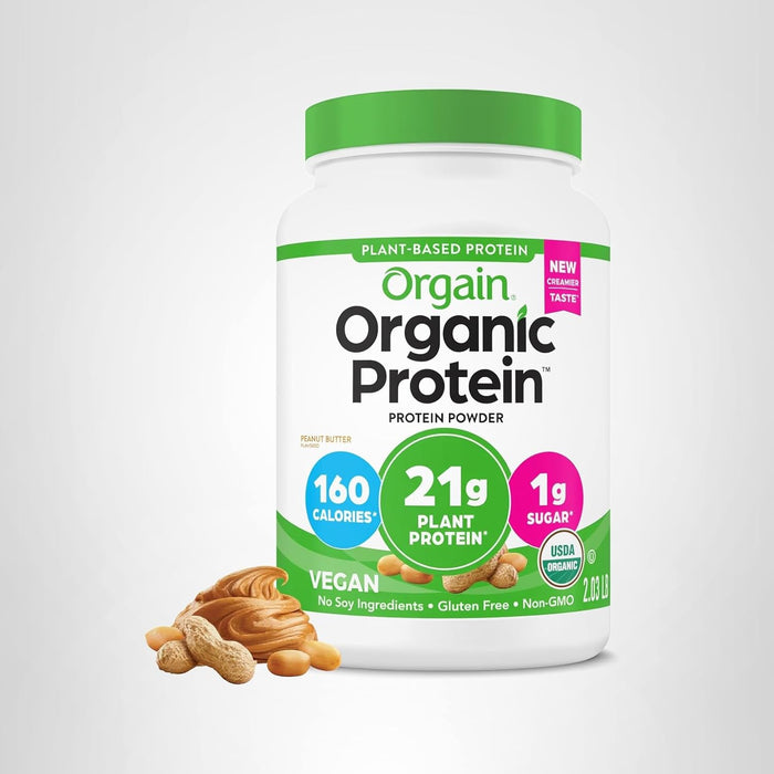 Orgain Organic Vegan Protein Powder, Peanut Butter - 21g Plant Protein, 7g Prebiotic Fiber, Low Net Carb, No Dairy Ingredients, No Added Sugar, For Shakes & Smoothies, 2.03 lb (Packaging May Vary)