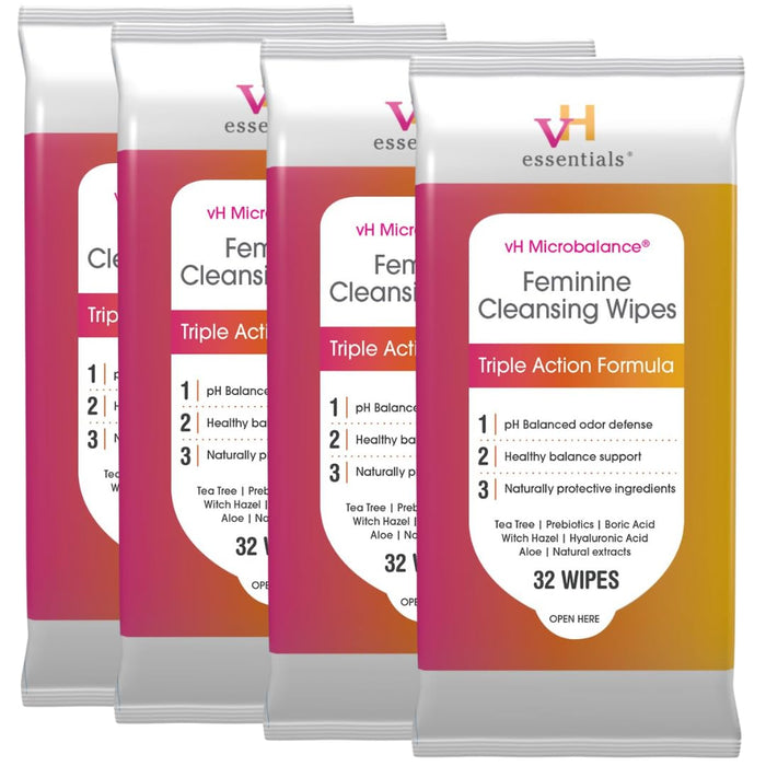 vH essentials Feminine Cleansing Wipes 32 ct. pH Balanced, Prebiotics, Tea Tree & Aloe, Soothing Witch Hazel, Odor-Blocking Formula, Vaginal and Perianal Care, Paraben, Alcohol, and Fragrance-Free