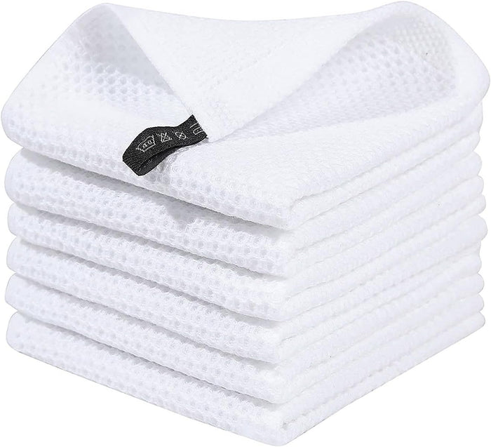 Honeycomb Cotton Dish Cloths 6 Pack,12x12 Inch – Super Absorbent, Quick-Dry & Reusable Kitchen Cleaning Cloths, Lint-Free Washable Towels for Dishes, Glass & Household Use(White)