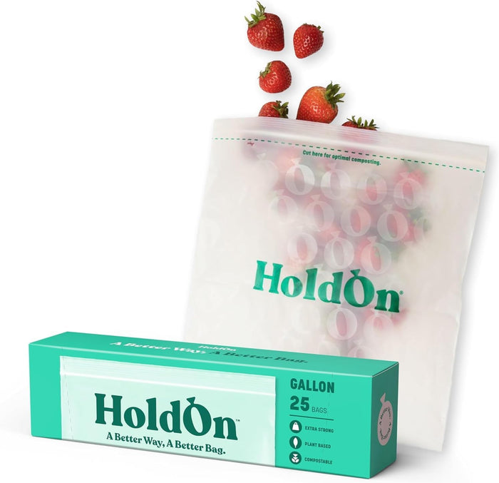 HoldOn HoldOn Zipseal Gallon Bags - Compostable, PFOA-Free, BPA-Free, Food-Safe Zip Seal Food Storage Bags/Freezer-Safe Gallon Bags With Secure Seal for Home & Travel (2-pack, 50 bags total)