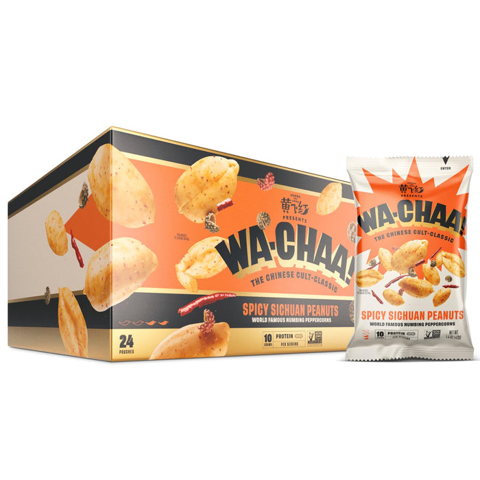 WA-CHAA! Spicy Sichuan Peanuts, Numbing Mala Peppercorns, Toasted Chili Flakes, Protein-Packed, Party Snacks, Non-GMO, On-The-Go Travel Size 1.5 Oz (24 Pack, Double Heat)