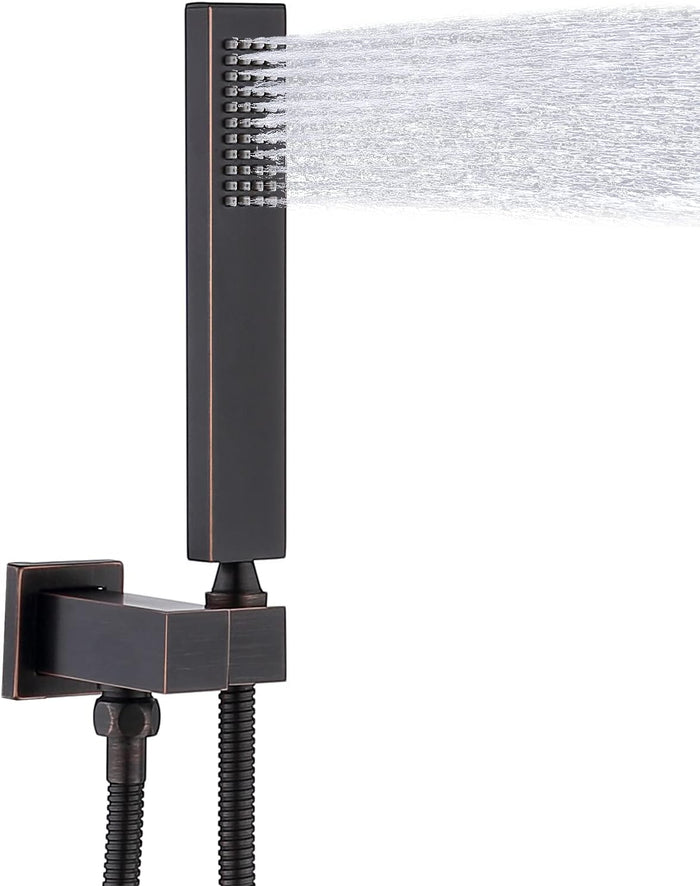 Enga Solid Brass High Pressure Hand Held Shower Wand Square Head with Adjustable Supply Elbow Wall Connector Shower Holder and Hose Set, Brushed Nickel