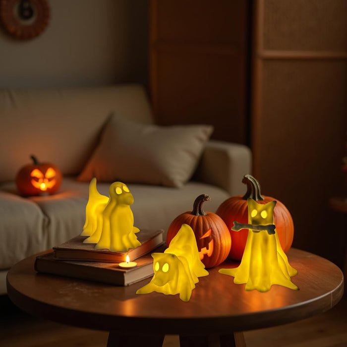 Light-Up Halloween Decorations, Set of 3 Draped Ghost Dog Figurines, Spooky Halloween Decorations Indoor, Ghost Decor for Home Party Display