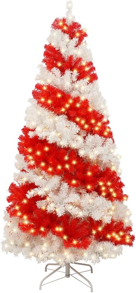 6 FT Candy Cane Artificial Christmas Tree, Red and White Swirl Xmas Tree, Pre Lit Christmas Tree with 380 Warm White Lights, 1200 Tips, 8 Color Modes, Metal Stand