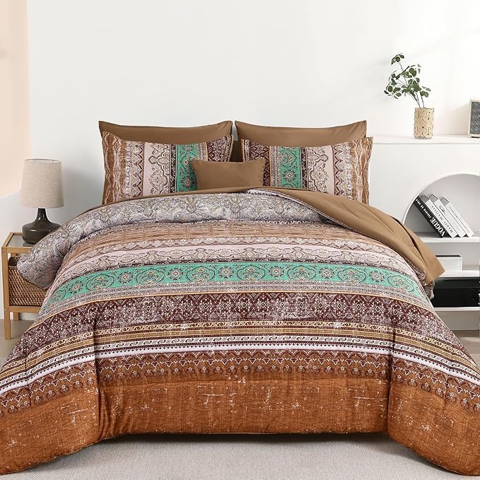 Cottolester Boho Comforter Set Full Size 8 Piece Bed in a Bag Bohemian Striped Bedding Quilt Set Aqua Paisley Floral Comforter and Sheet Set,Soft Microfiber Complete Bedding Sets for All Season