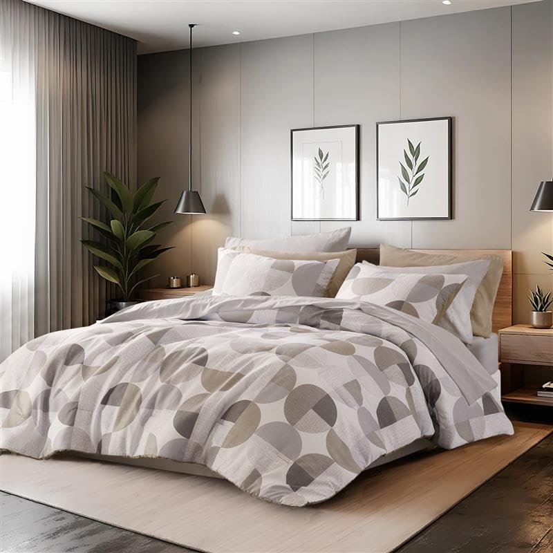 Stylish Three-Tone Printed Full Size Comforter Set, Bed in a Bag 9-Piece Bedding Set, Ultra-Soft Microfiber Comforter and Sheets Set, Warm and Cozy for All Seasons, Navy Blue & Grey