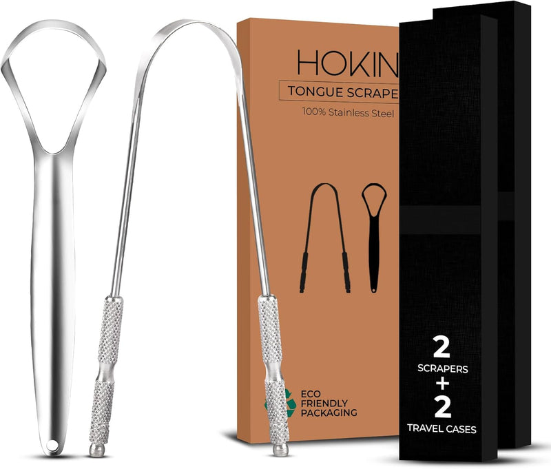 Tongue Scraper for Adults by HOKIN (2Pcs Oral Care Pack) Stainless Steel Tongue Cleaners Reduce Bad Breath 100% Metal Tough Scrapers Men and Women Hygiene Product