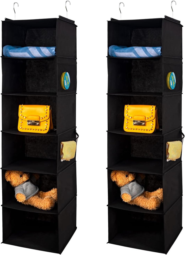2 Pack Hanging Closet Organizer, 5 Shelves Hanging Storage with 6 Side Pockets for Clothes Shoes, 43"x12"x12"(Black)
