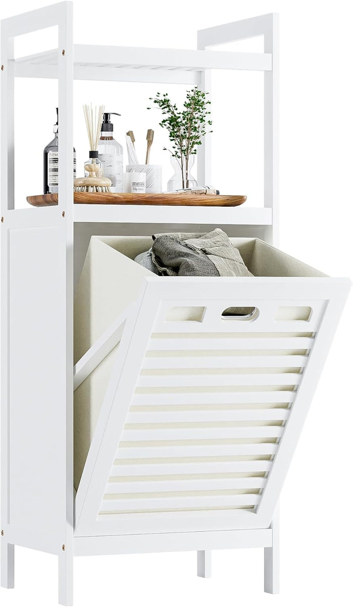 HITNET Bamboo Tilt Out Laundry Hamper, Bathroom Storage Cabinet with Hidden Removable Basket and 2 Open Shelves, Space Saving Bamboo Storage for Clothes, Towels and Toys, Walnut