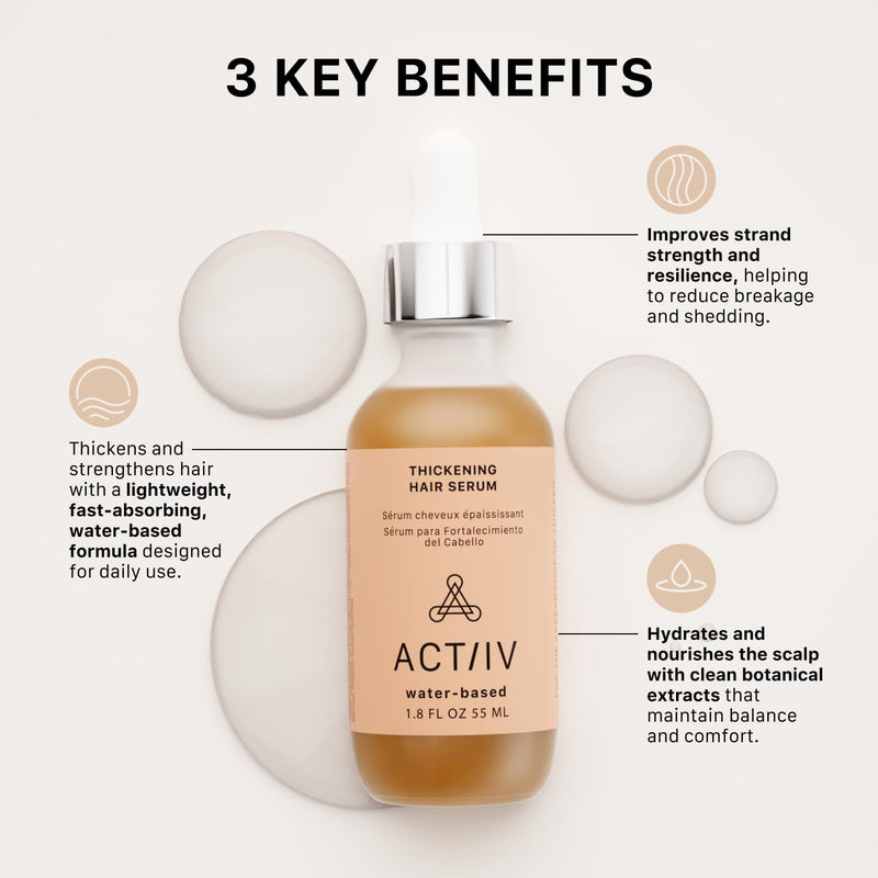 ACTIIV Thickening Hair Serum - Water Based | Supports the Appearance of Thicker, Fuller-Looking Hair, Lightweight Water-Based Formula, Non-Greasy, All Hair Types, 1.8 oz