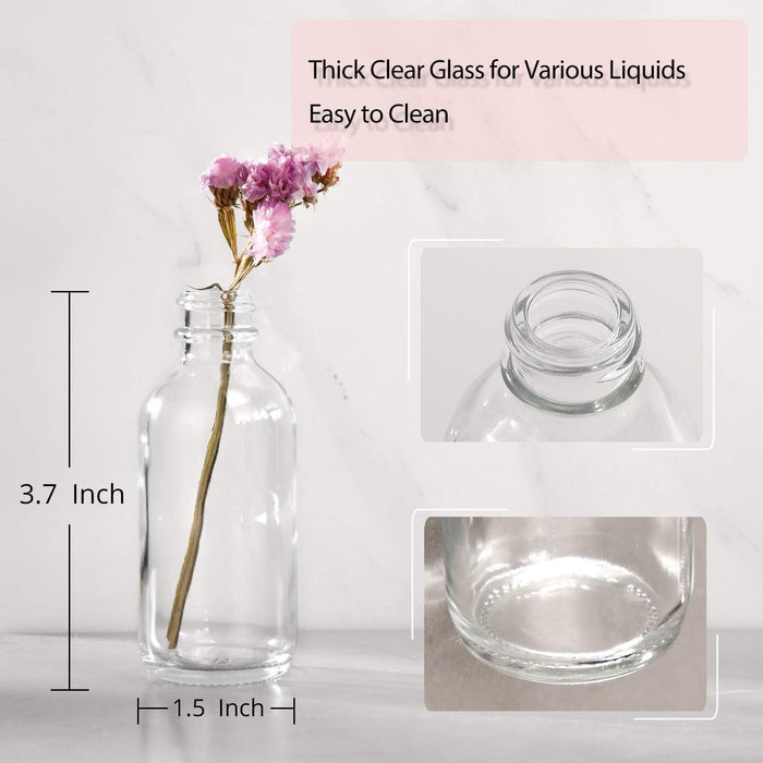 12 Pack, 2 oz Small Clear Glass Bottles w/Lid & 3 Funnels - 60ml Boston Shot Bottles for Health, Immunity, Potion, Wellness, Sample, Ginger, Juice - Mini Personal Care & Beauty Travel Bottle