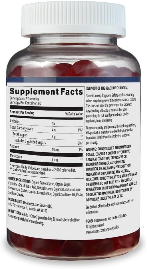 Amazon Basics Melatonin, Sleep Support Gummies, Strawberry Flavor, 5mg, 120 Count (Previously Solimo)