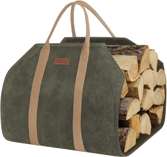 Waxed Canvas Log Carrier Tote Bag, Extra Large Durable Firewood Holder with Handles and Shoulder Strap, Heavy Duty Wood Carrying Bag for Fireplaces & Wood Stoves Khaki