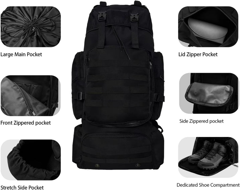 Tactical 80L Hiking Backpack with Dedicated Shoe Compartment - Large Capacity Rucksack for Camping Backpacking Men Women - Outdoor Trekking Travel Pack (Black)