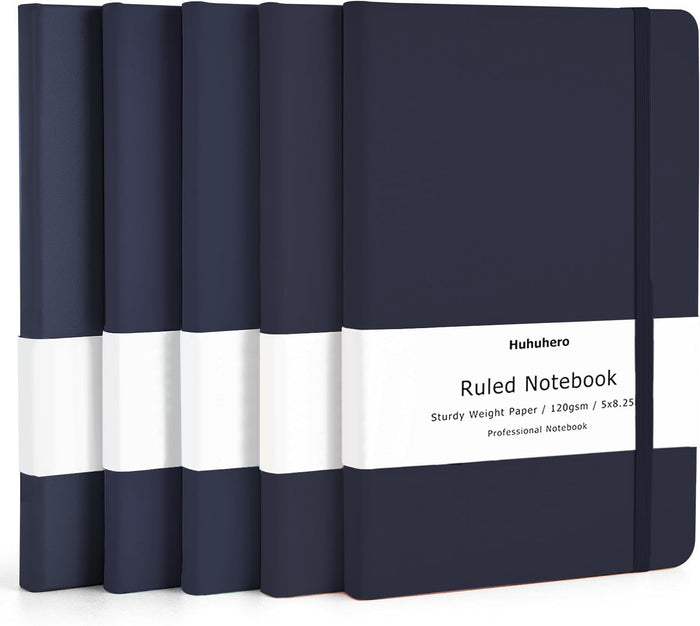 Huhuhero Lined Journal Notebook, 5 Pack Black Hardcover Notebooks for Work Women Men, 120Gsm Thick Paper Leather Journals for Writing Note Taking Business, Journaling School Supplies 5"×8.25"
