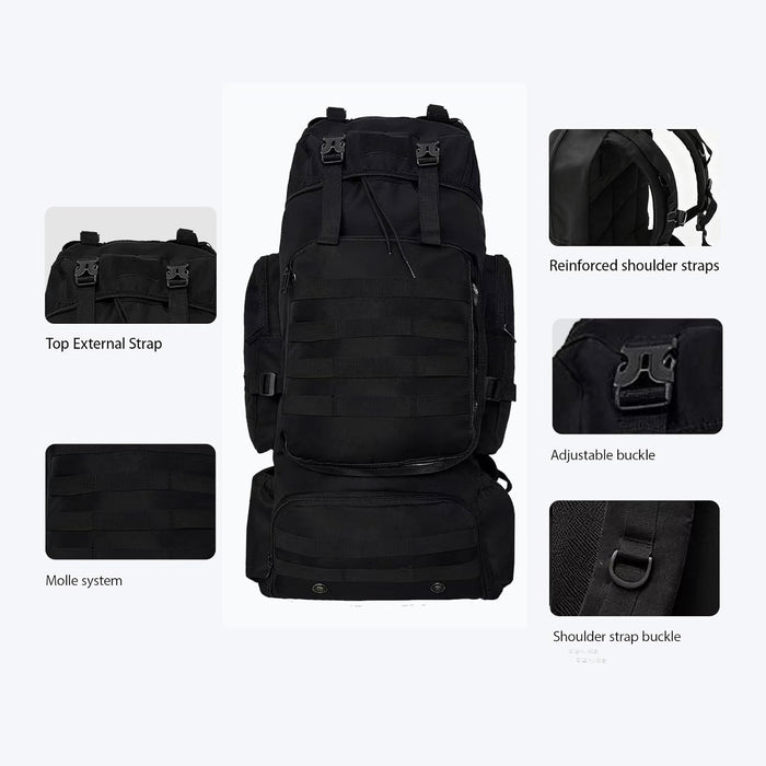 Tactical 80L Hiking Backpack with Dedicated Shoe Compartment - Large Capacity Rucksack for Camping Backpacking Men Women - Outdoor Trekking Travel Pack (Black)