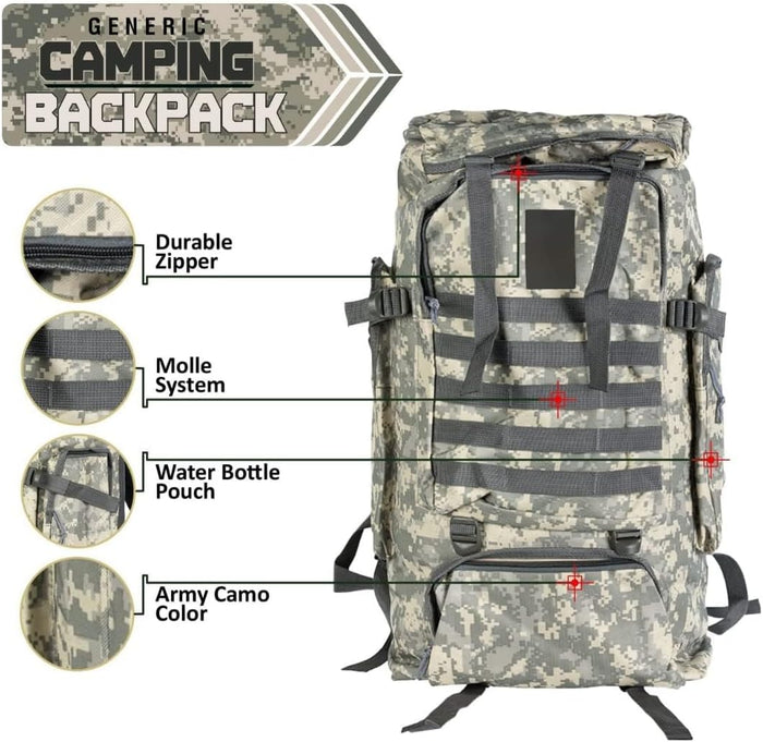 US Army 70L Large Tactical Backpack with Water Bottle Pouch - Military Backpack Molle System Breathable Back Padding - Hiking, Camping & Trekking Backpack for Men & Women (Camo)