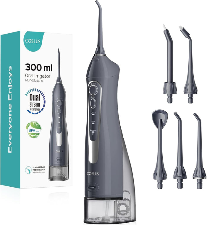 COSLUS Water Dental Flosser Teeth Pick: Portable Cordless Oral Irrigator 300ML Rechargeable Travel Irrigation Cleaner IPX7 Waterproof Electric Flossing Machine for Teeth Cleaning C20(F5020E)