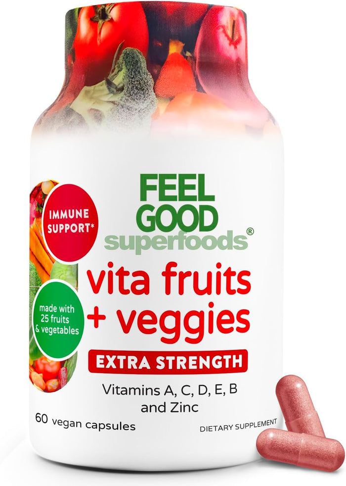 Vita Fruits and Veggies Capsules - 25 Superfood Ingredients, Fruit and Vegetable Multivitamin, 60 Count - For men and women - Vitamins A, C, D, E, B and Zinc