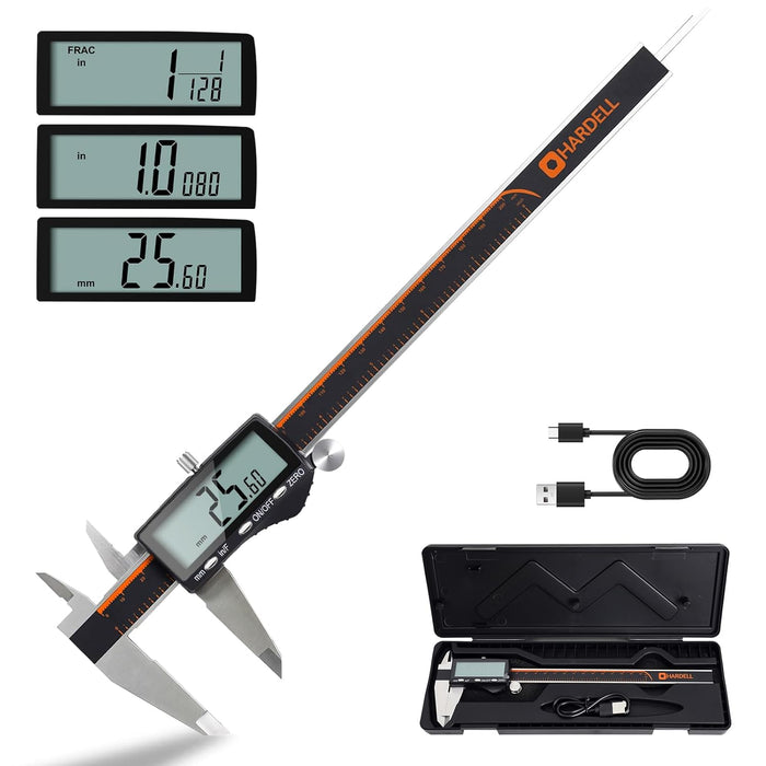 HARDELL Digital Caliper, Rechargeable Calipers with Large LCD Screen, Stainless Steel Caliper Measuring Tool, Auto-Off Micrometer, Inch/MM/Fraction for DIY/Household/3D-printing