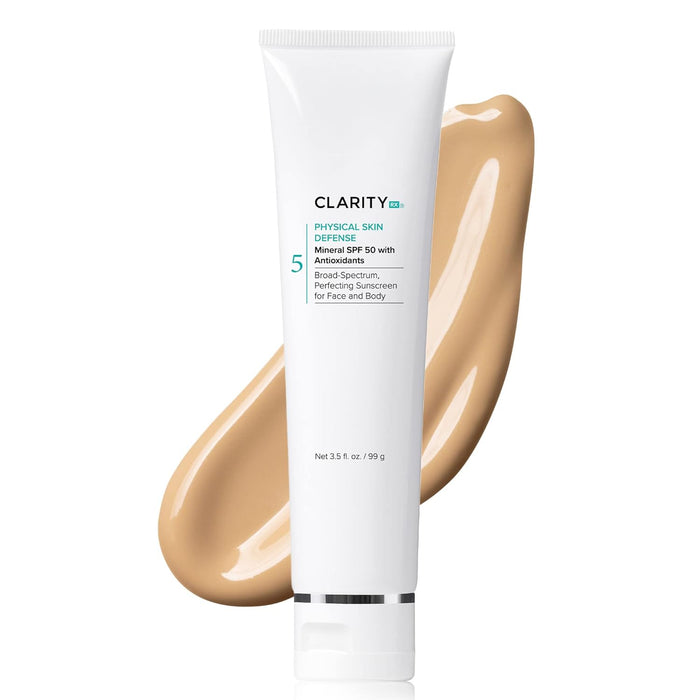 ClarityRx Physical Skin Defense Tinted Mineral SPF 50 Moisturizing Sunscreen, Natural Plant-Based Water-Resistant UV Protection with Zinc & Hyaluronic Acid for Face & Body (3.5 oz)