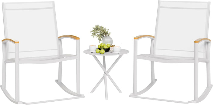 Shintenchi 3 Piece Outdoor Rocking Bistro Set, Textilene Fabric Small Patio Furniture Set, Front Porch Rocker Chairs Conversation Set with Table for Lawn, Garden, Balcony, Poolside (Black)