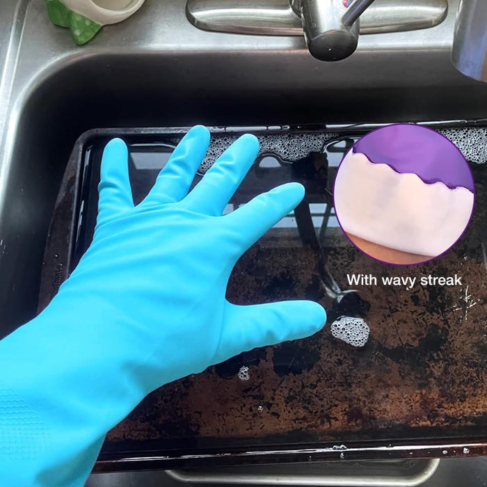 Alimat PluS 4PCS Reusable Cleaning Gloves Latex Free, Dishwashing Gloves with Cotton Flock Liner and Embossed Palm, Waterproof Household Rubber Gloves for Laundry, Gardening(Medium, Blue+Purple)