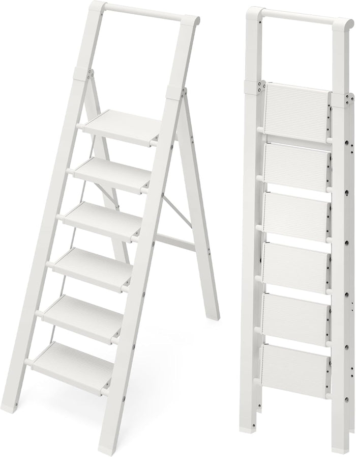 6 Step Ladder, Lightweight Folding Step Stool with Convenient Handgrip,Aluminum 330lbs Capacity Step Ladder for Office,Household,Kitchen(Black)