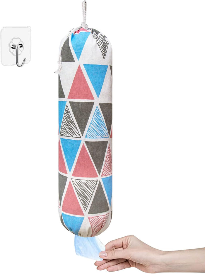 SYIPO Plastic Bag Holder, Wall Mount Organizer, Shopping Bags Carrier, Washable Large Grocery Storage Dispenser for Home Kitchen Travelling, Free Adjustment with Drawstring (Check Gray)