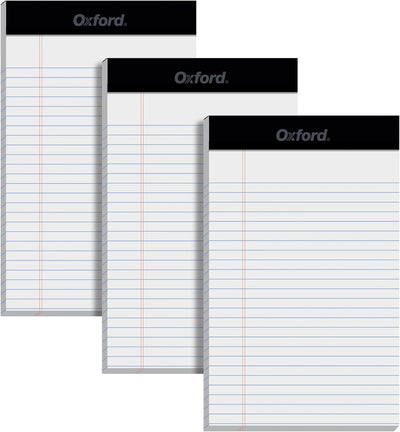 Oxford 5 x 8 Inch Legal Pads, 3 Pack, Narrow Ruled on Both Sides, White Lined Paper, 50 Perforated Sheets Per Writing Pad, Proudly Made in the USA (1017034)