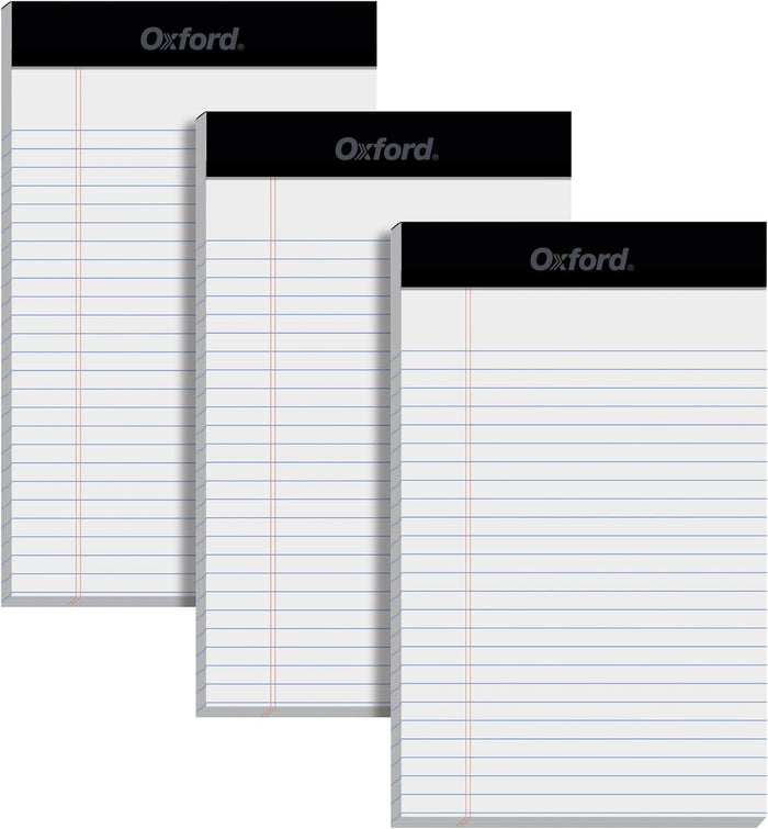 Oxford 5 x 8 Inch Legal Pads, 3 Pack, Narrow Ruled on Both Sides, White Lined Paper, 50 Perforated Sheets Per Writing Pad, Proudly Made in the USA (1017034)