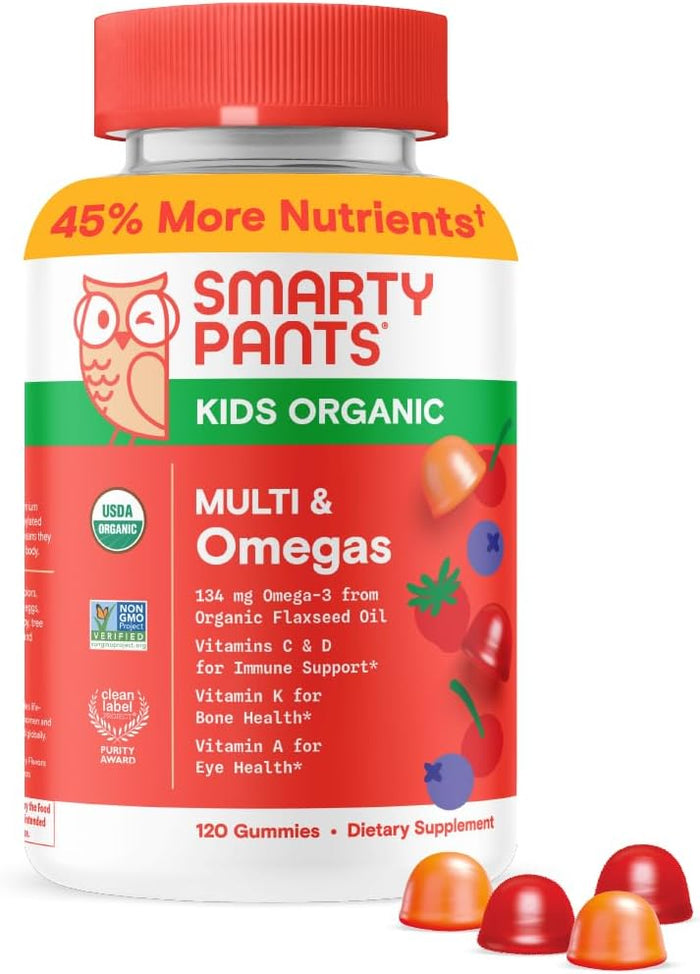 SmartyPants Organic Kids Multivitamin Gummies: Probiotics, Omega 3 (ALA), Vitamin D3, C, Vitamin B12, B6, A, K & Zinc for Immune Support, Biotin, Three Fruit Flavors, 120 Count (30 Day Supply)