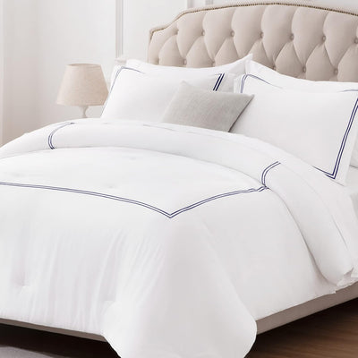 SLEEP ZONE Luxury Hotel Bedding Comforter Set 3-Piece Machine Washable, Lightweight Down Alternative Duvet Insert with Embroidered Stripes, Queen (90" x 95"), Navy Strips