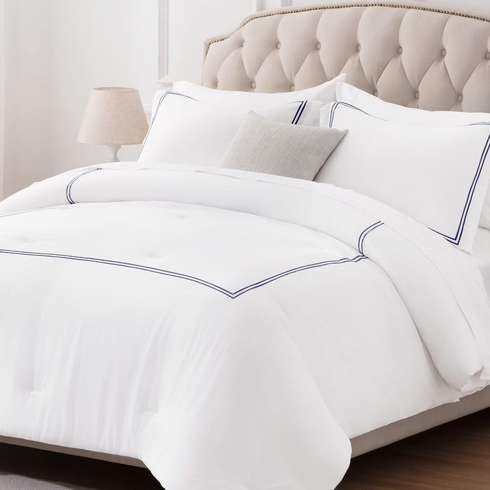 SLEEP ZONE Luxury Hotel Bedding Comforter Set 3-Piece Machine Washable, Lightweight Down Alternative Duvet Insert with Embroidered Stripes, Queen (90" x 95"), Navy Strips