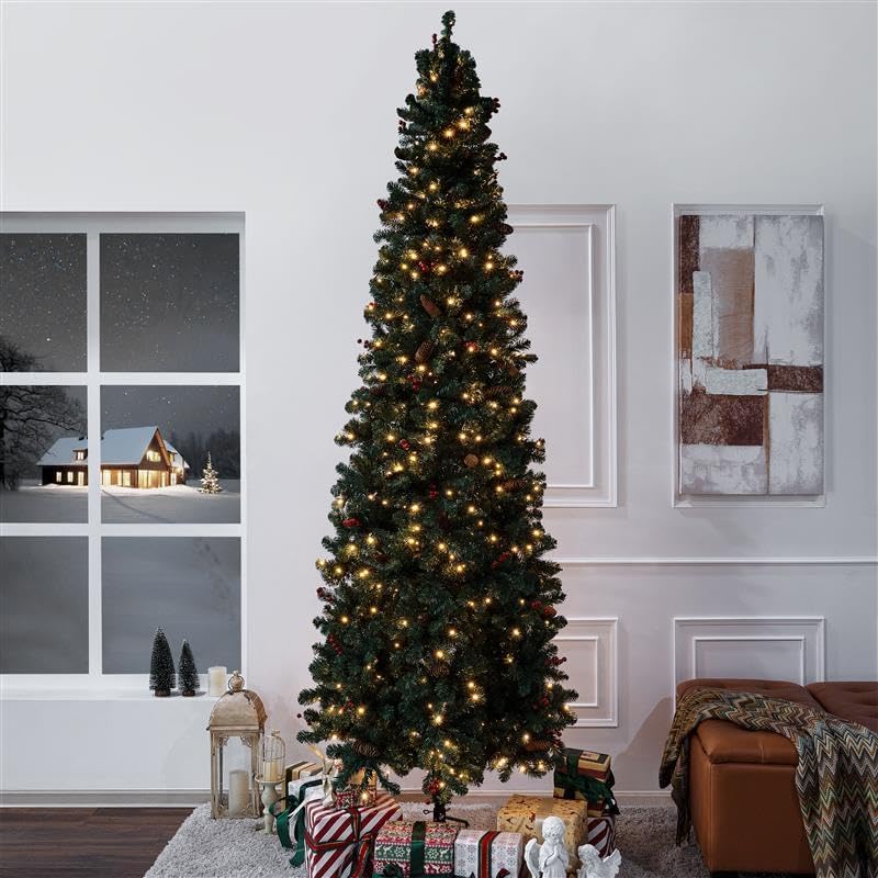 Naomi Home Salzburg 9ft Frosted Prelit Slim Artificial Christmas Tree with 1455 Branch Tips, 500 Warm Lights and Metal Stand, 37" Wide Realistic Snow Flocked Skinny Pencil Christmas Tree