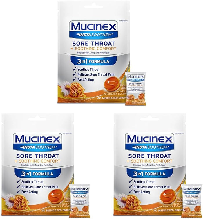Mucinex Instasoothe Sore Throat Relief, Sore Throat Lozenges, Sore Throat Medicine with Hexylresorcinol, Cough Drops Alternative, 40 Elderberry & Wild Cherry Medicated Numbing Throat Drops