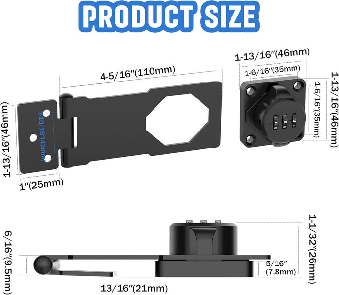 Household Cabinet Password Hasp Locks, Cabinet Locks with Combination, Door Security Slide Latch for Small Barn Doors, Bathroom, Outdoor, Garden (2 Pack Black)