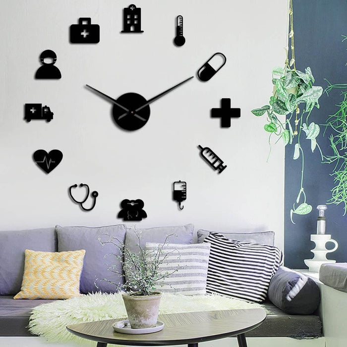 Medicine Heath Care Ambulance Medical Tools Large DIY Wall Clock Acrylic Mirror Effect Wall Stickers Hospital Clinic Decor Watch(Silver,47inch)
