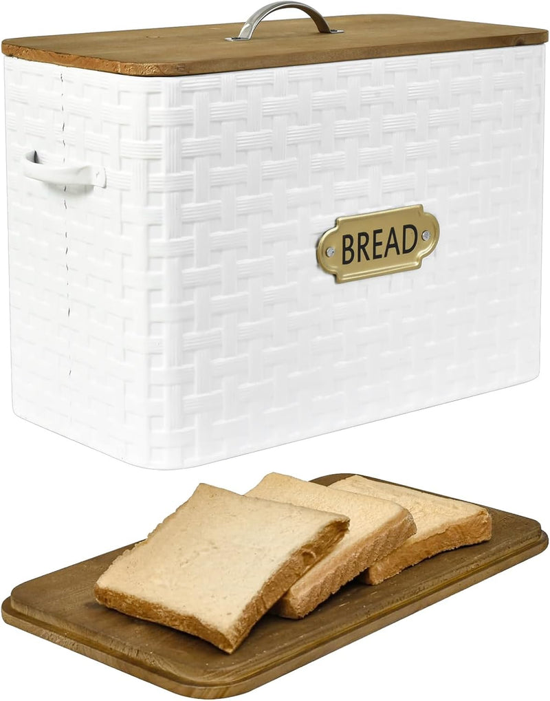 Vertical Stripes Extra Large Space Saving Farmhouse Bread Box with Wood Lid - Holds 2 Loaves - White Vertical Breadbox Bread Storage Bin Holder for Kitchen Countertop