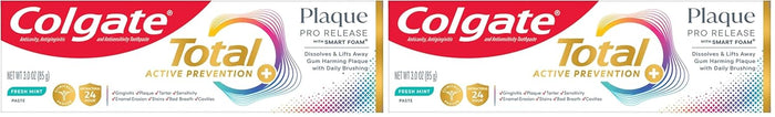 Colgate Total Plaque Pro Release Whitening Toothpaste Pack, Whitening Fluoride Toothpaste, Fights Plaque, Bad Breath, Tartar Buildup, and Helps Protect Teeth from Sensitivity, 2 Pack, 3.0 oz